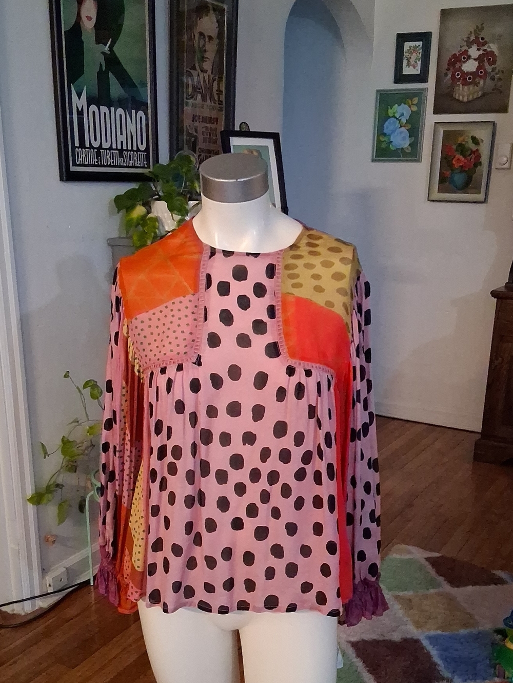 Patchwork Polka Dot Long-Sleeve Blouse in Pink and Orange